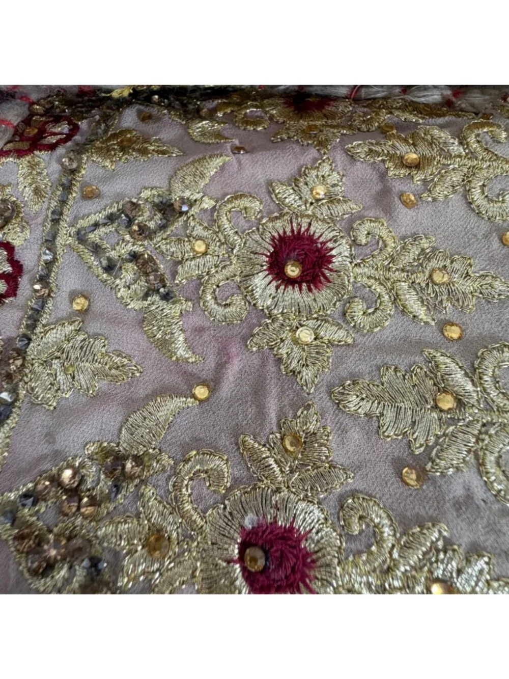 Patchwork Embroidered Table Runner Gold & Red Floral Bohemian Decor 72x16.5